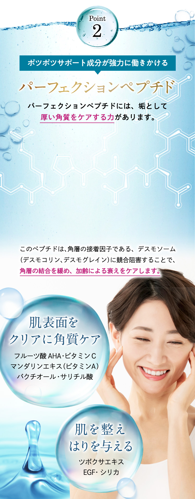 【Point2】ポツポツサポート成分が強力に働きかけるパーフェクションペプチド