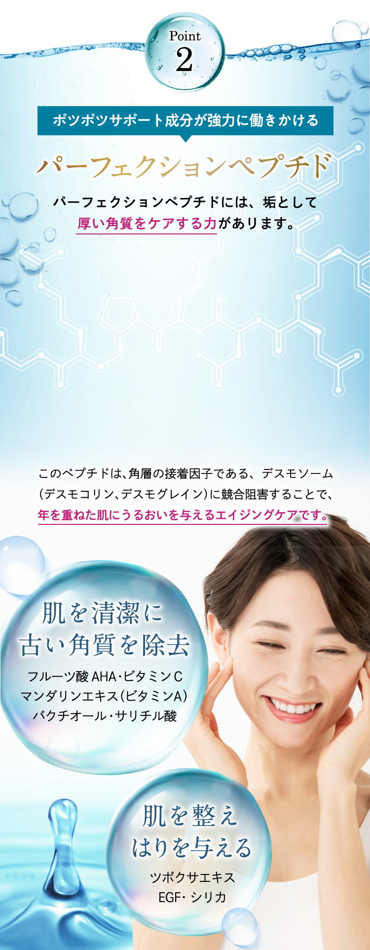 【Point2】ポツポツサポート成分が強力に働きかけるパーフェクションペプチド