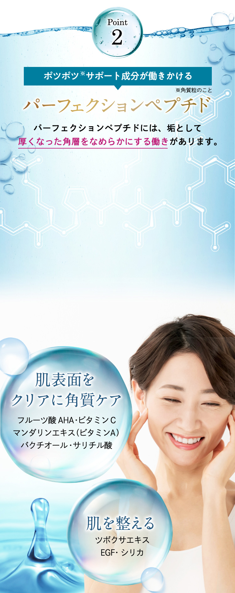 【Point2】ポツポツサポート成分が強力に働きかけるパーフェクションペプチド