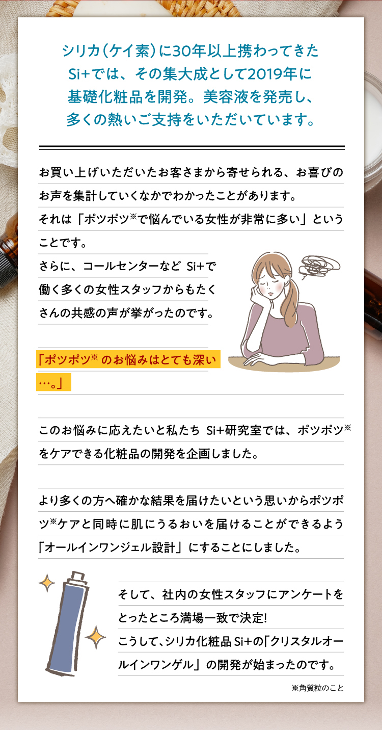 シリカ（ケイ素）を30年以上研究してきたSi+では、その集大成として2019年に基礎化粧品を開発。美容液を発売し、多くの熱いご支持をいただいています。