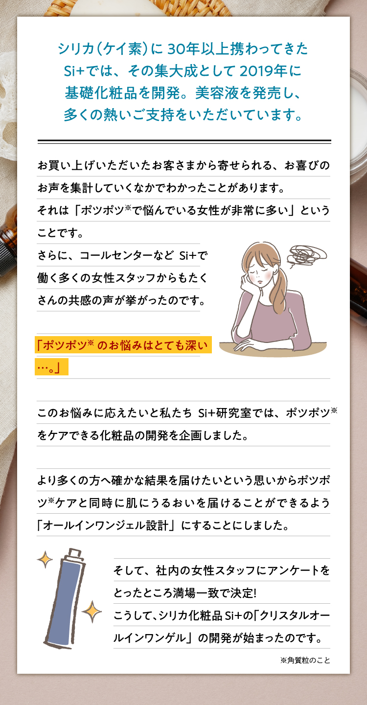 シリカ（ケイ素）を30年以上研究してきたSi+では、その集大成として2019年に基礎化粧品を開発。美容液を発売し、多くの熱いご支持をいただいています。