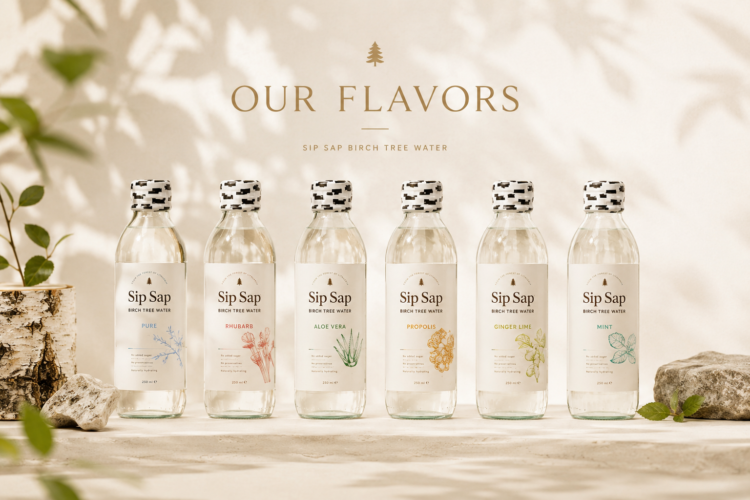 SIP SAPの6商品、Pure、Rhubarb、Aloe Vera、Propolis、Ginger Lime、Mint