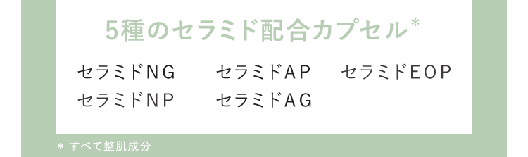 5種のセラミド配合カプセル* セラミドNG セラミドAP セラミドEOP セラミドNP セラミドAG *すべて整肌成分