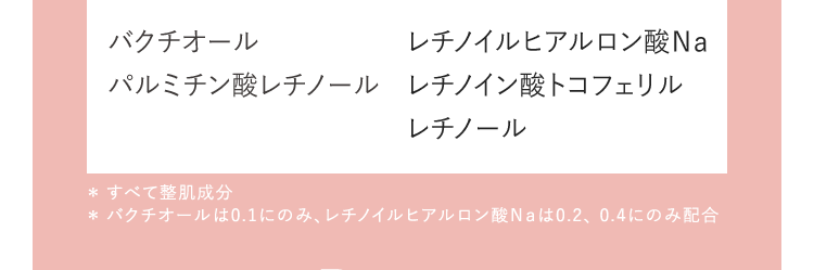 バクチオール パルミチン酸レチノール レチノイルヒアルロン酸Na レチノイン酸トコフェリル レチノール *すべて整肌成分 *バクチオールは0.1にのみ、レチノイルヒアルロン酸Naは0.2、0.4にのみ配合