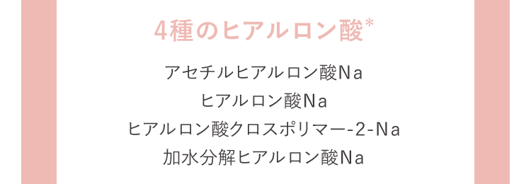 4種のヒアルロン酸* アセチルヒアルロン酸Na ヒアルロン酸Na ヒアルロン酸クロスポリマー-2-Na 加水分解ヒアルロン酸Na