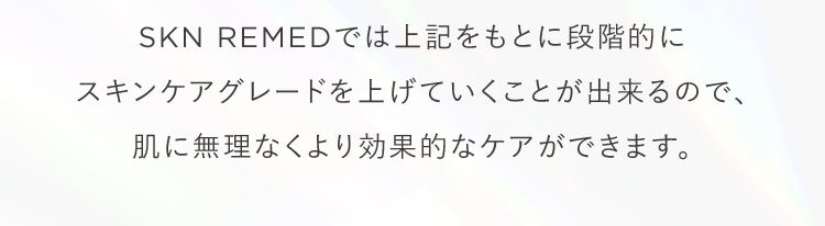 SKN REMEDでは上記をもとに段階的にスキンケアグレードを上げていくことが出来るので、肌に無理なくより効果的なケアができます。