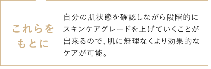 これらをもとに自分の肌状態を確認しながら段階的にスキンケアグレードを上げていくことが出来るので、肌に無理なくより効果的なケアが可能。