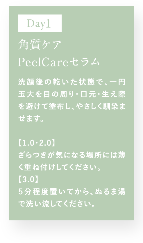 Day1 角質ケア PeelCareセラム 洗顔後の乾いた状態で、一円玉大を目の周り・口元・生え際を避けて塗布し、やさしく馴染ませます。 【1.0・2.0】ざらつきが気になる場所には薄く重ね付けしてください。 【3.0】5分程置いてから、ぬるま湯で洗い流してください。