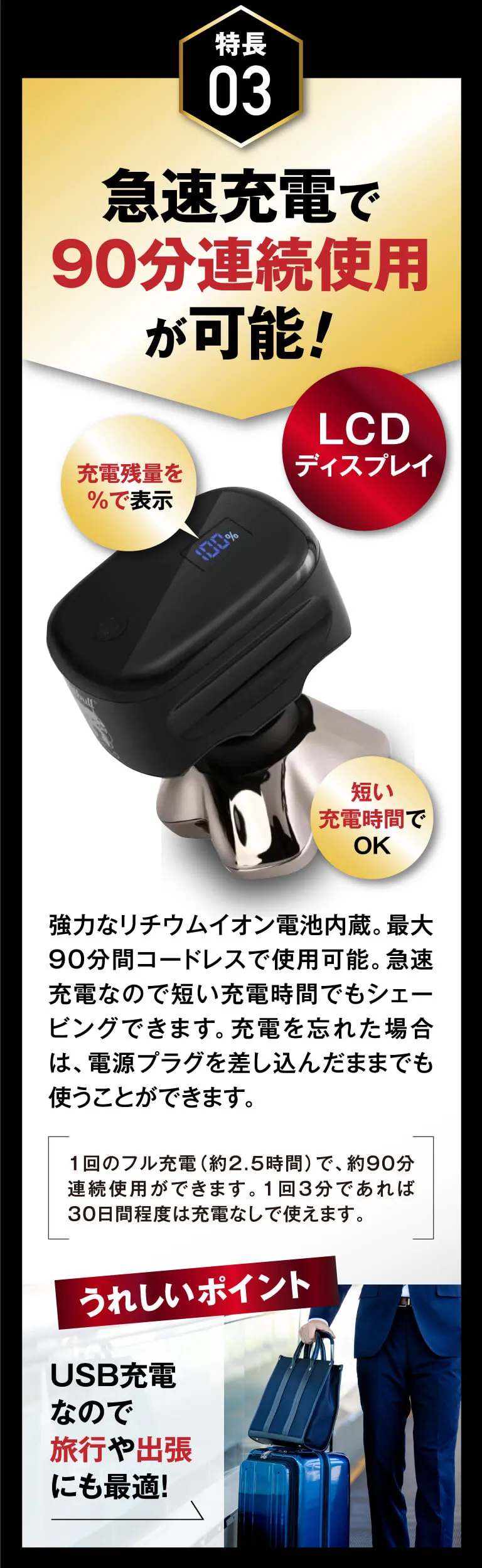 特徴03 急速充電で90分連続使用が可能！