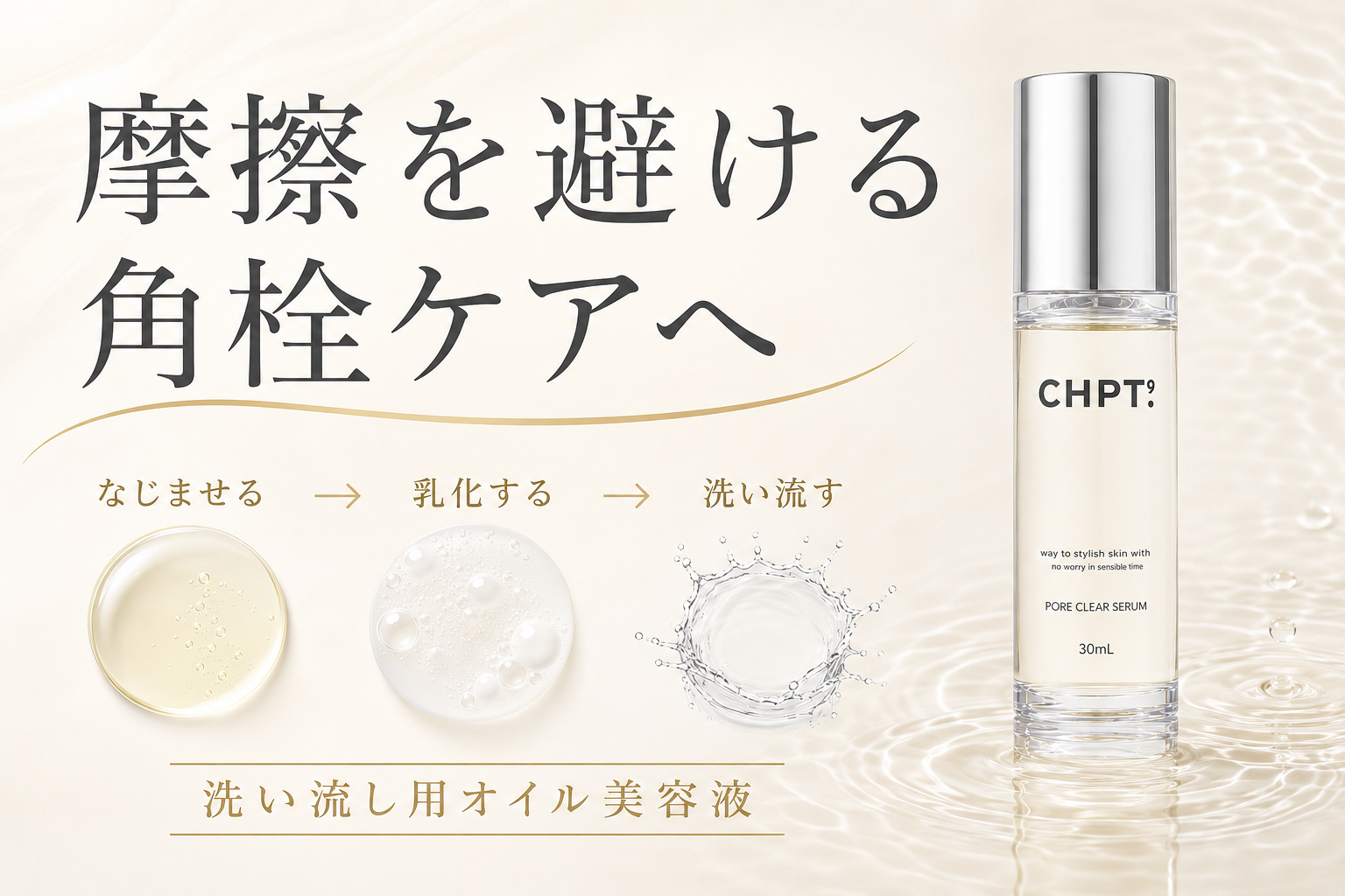 CHPT.9 ポアクリアセラムのなじませる乳化する洗い流す設計を示す図