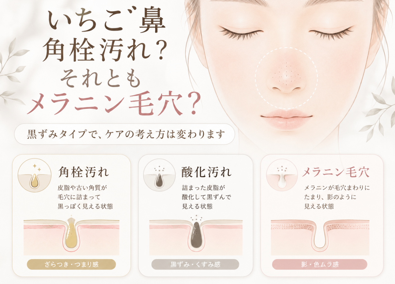 いちご鼻の黒ずみに複数タイプがあることを示す図解