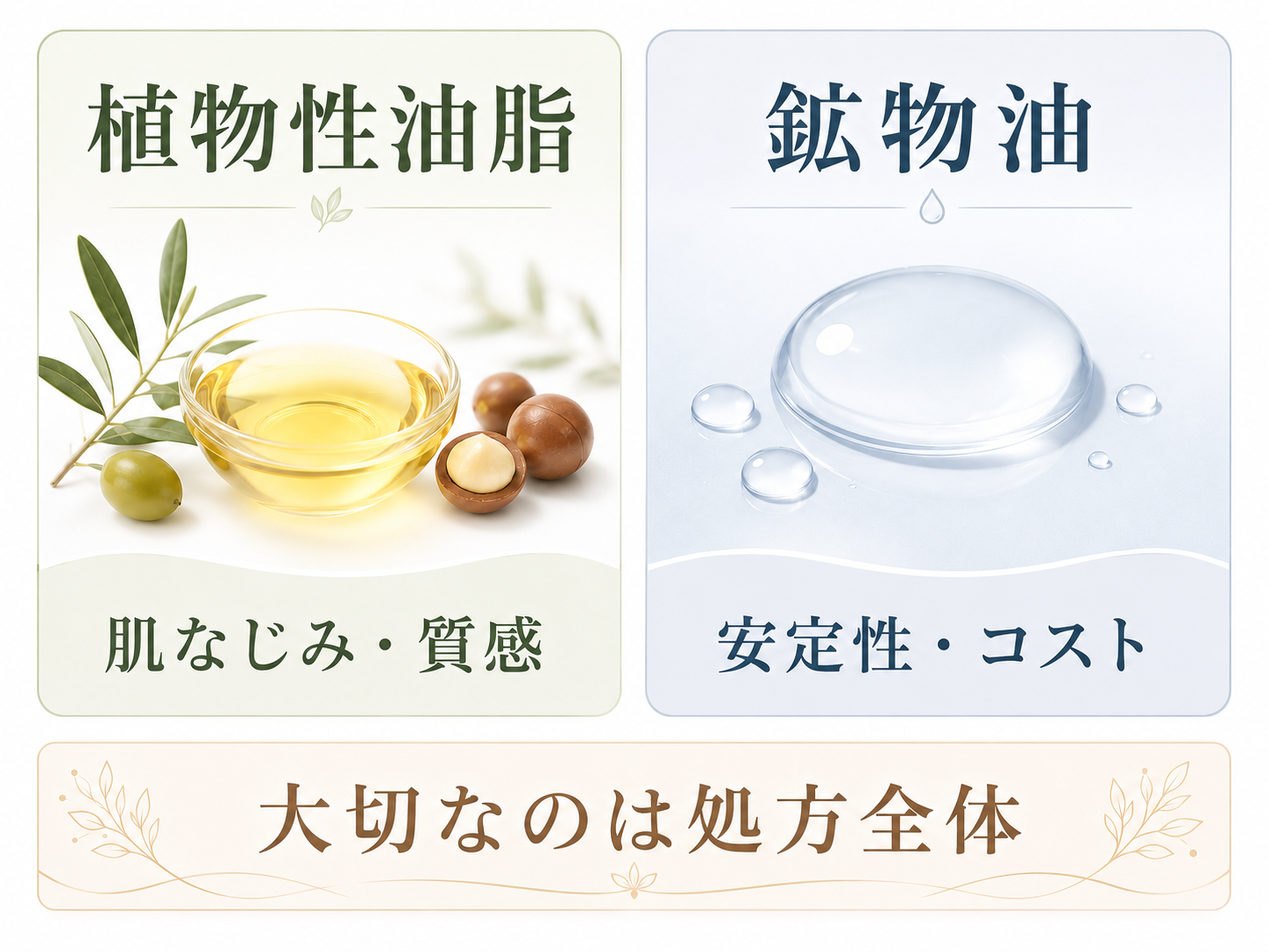 植物性油脂と鉱物油の違いを毛穴汚れケア目線で比較する図