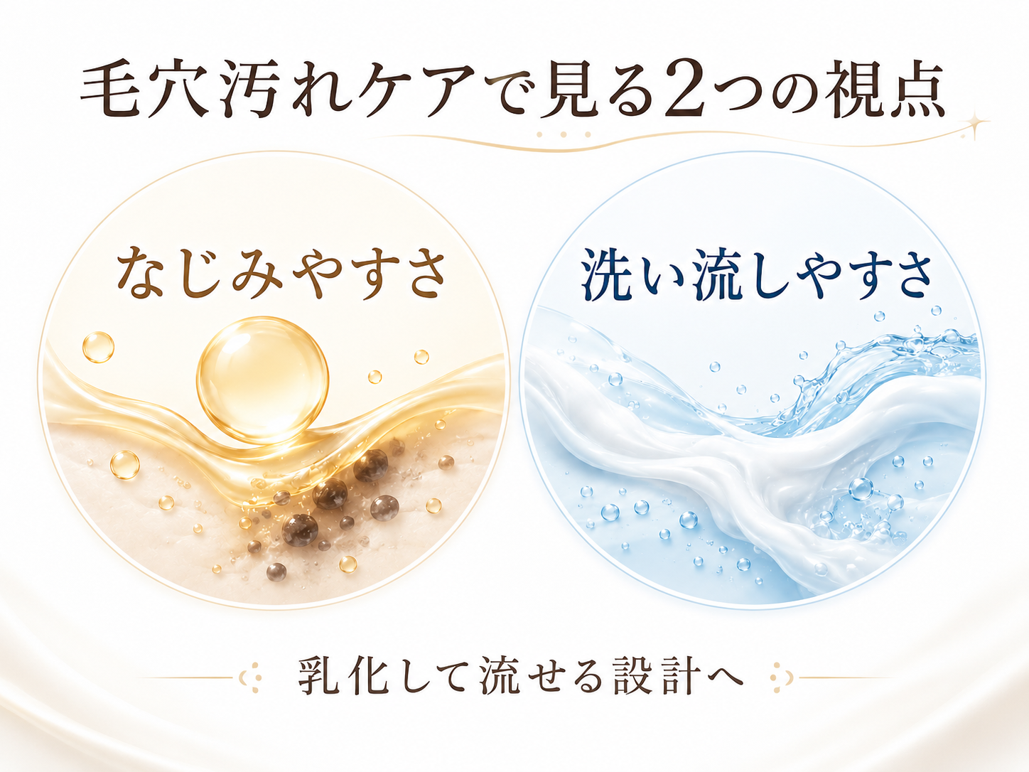 毛穴汚れケアで大切ななじみやすさと洗い流しやすさを説明する図