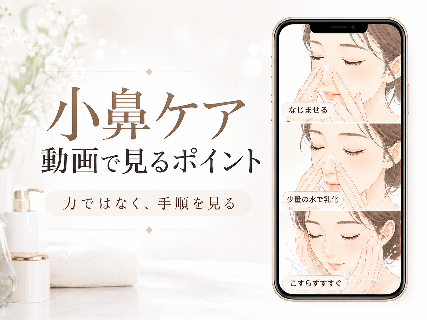 小鼻ケア動画で見るなじませ乳化すすぎのポイント