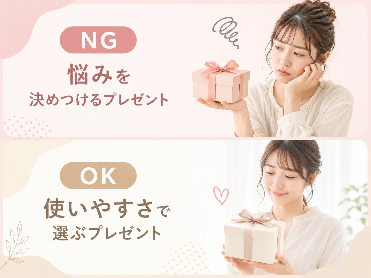 毛穴悩みの美容ギフトで避けたい言い方と自然な渡し方の比較図