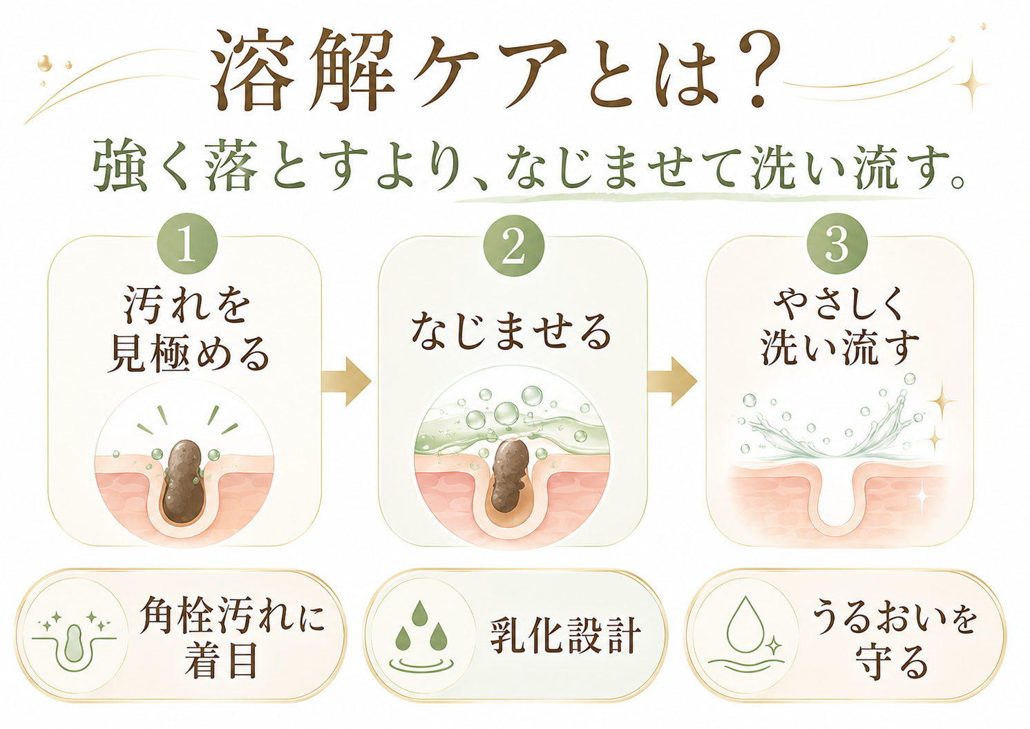 毛穴汚れになじませて乳化し洗い流す溶解ケアの概念図