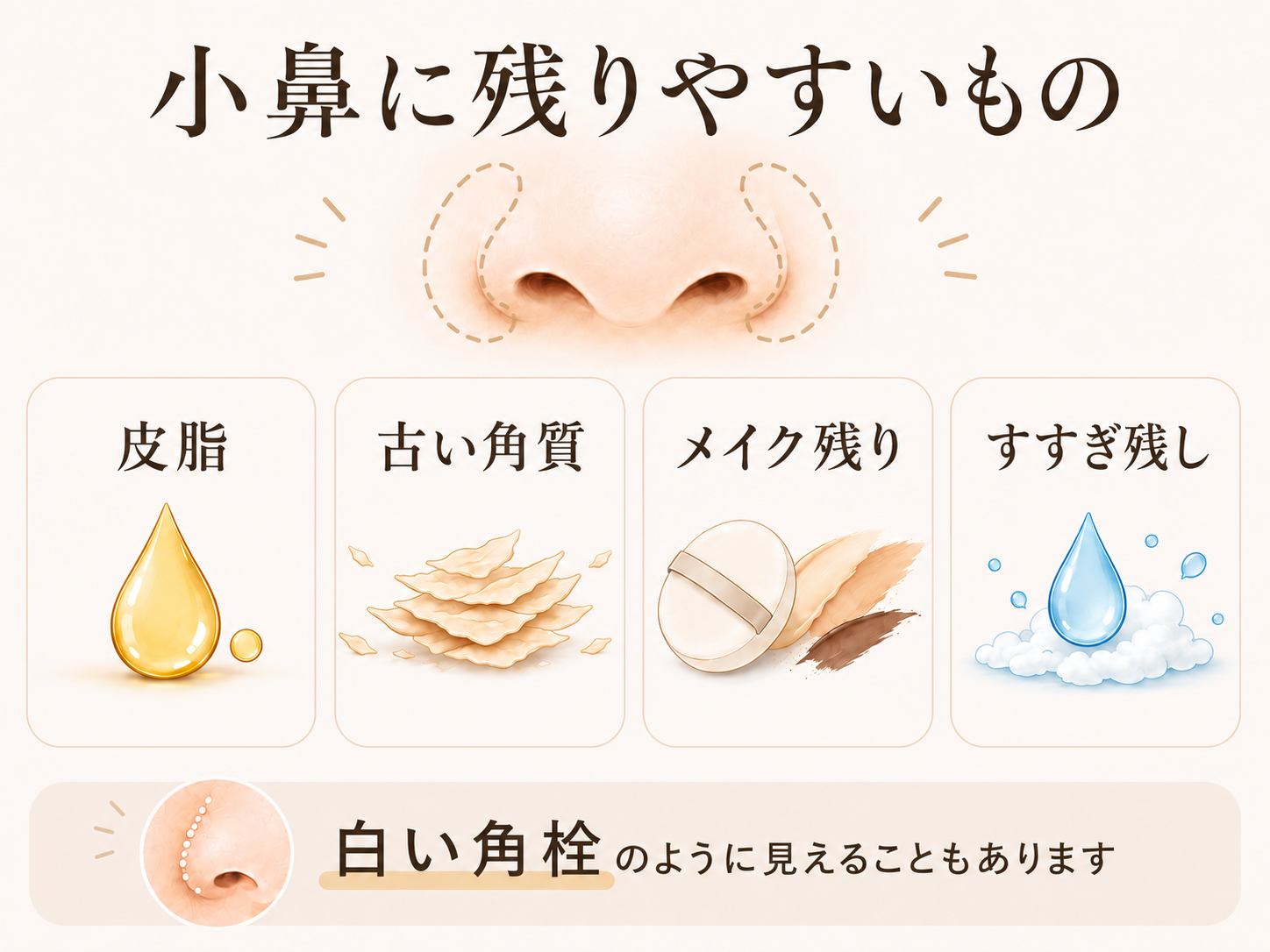 小鼻の角栓汚れを爪で押さず指の腹でやさしくなじませる比較画像