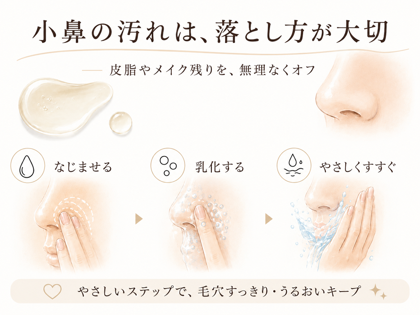 小鼻の角栓汚れケアで意識したい乳化3ステップの図解