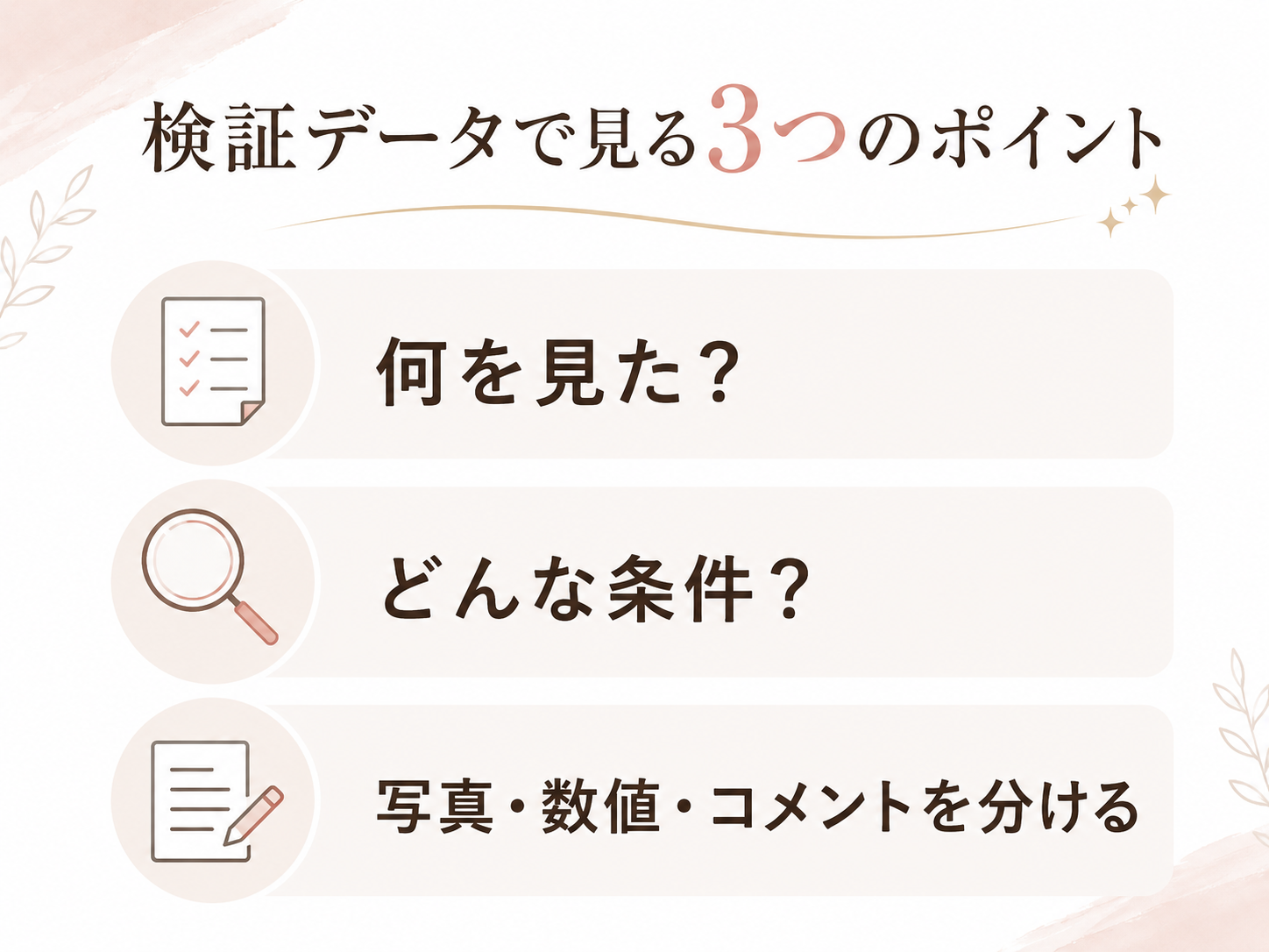 検証データを見るときの3つの確認ポイントを整理した図