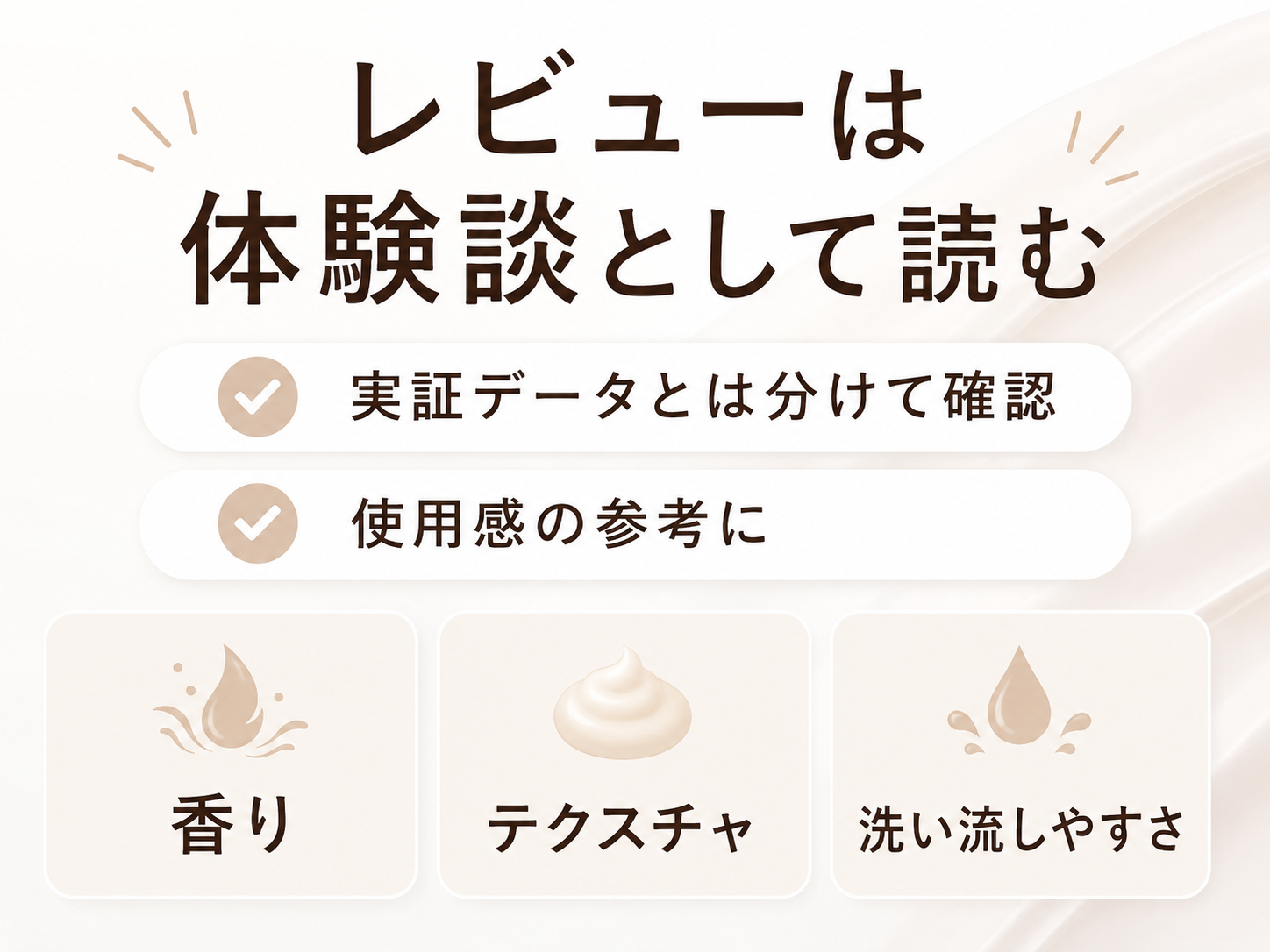 レビューは体験談として実証データとは分けて確認するコメントカード図