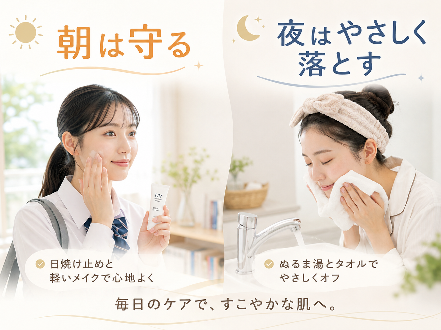 メイクや日焼け止めを使った日のやさしい落とし方の図解
