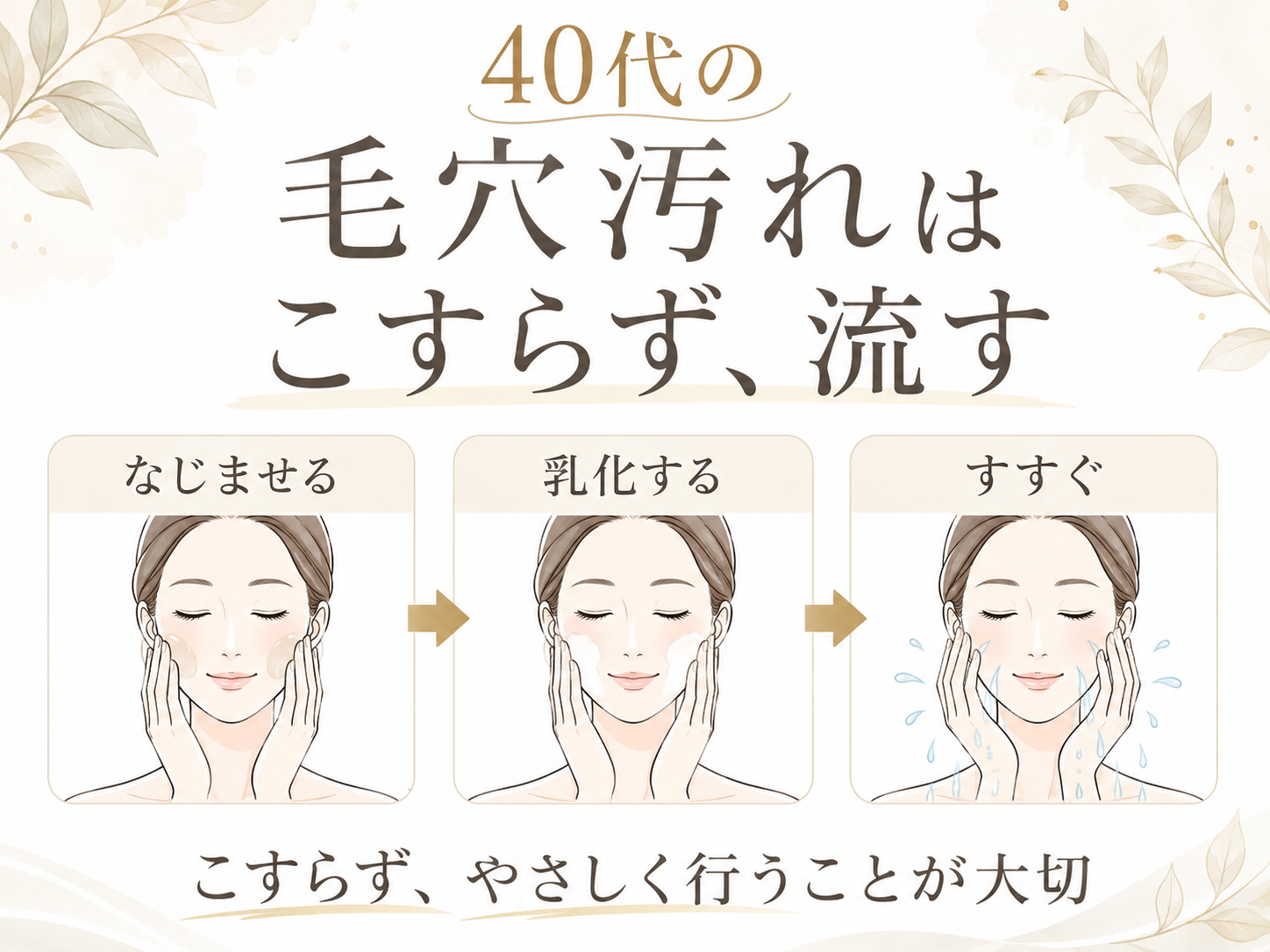 40代の毛穴汚れをなじませて乳化してすすぐケア手順