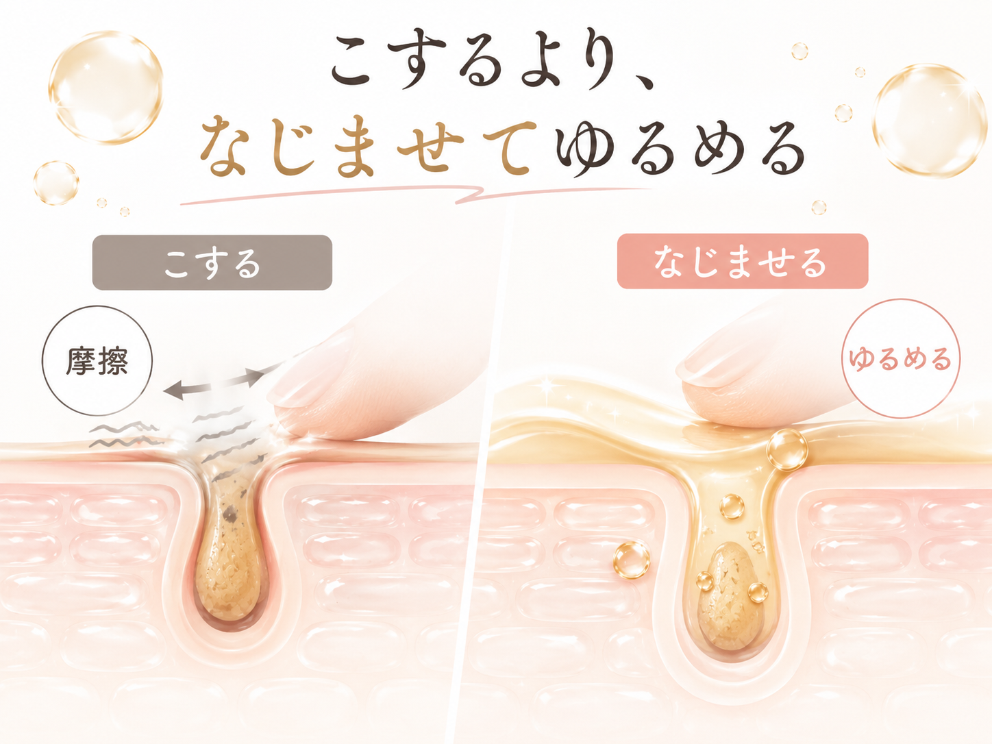 角栓をこするケアとなじませてゆるめるケアの比較図