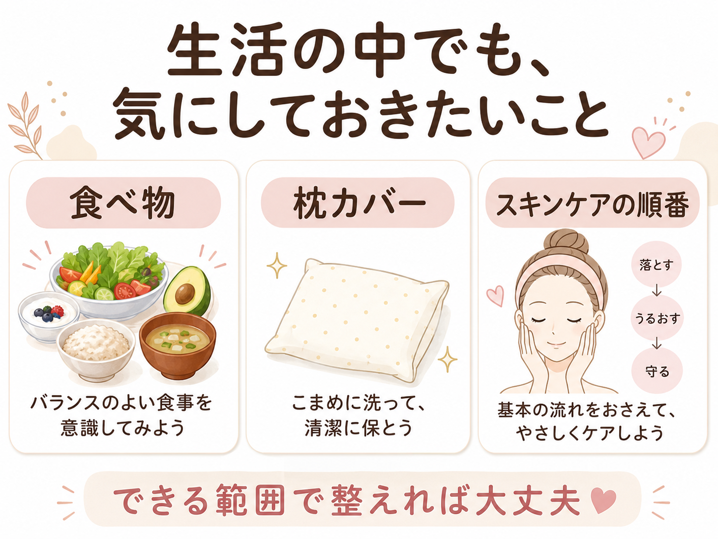 食べ物枕カバースキンケア順番をできる範囲で整える3カード図