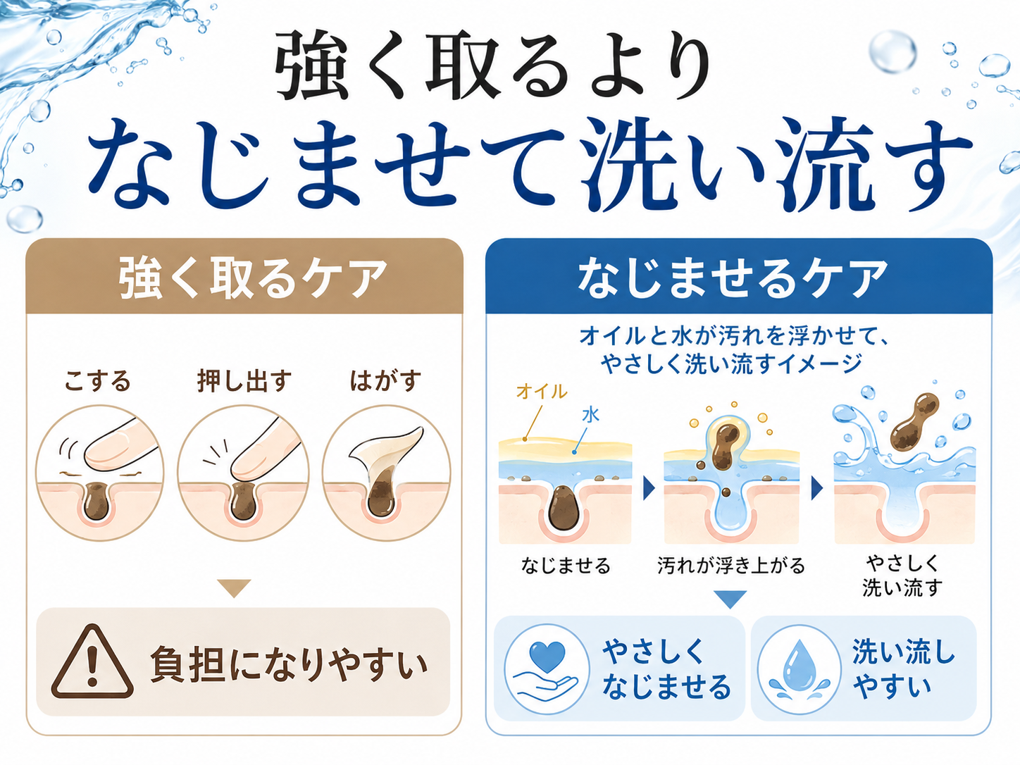 強く取るケアではなく毛穴まわりの汚れになじませて洗い流す考え方の図解
