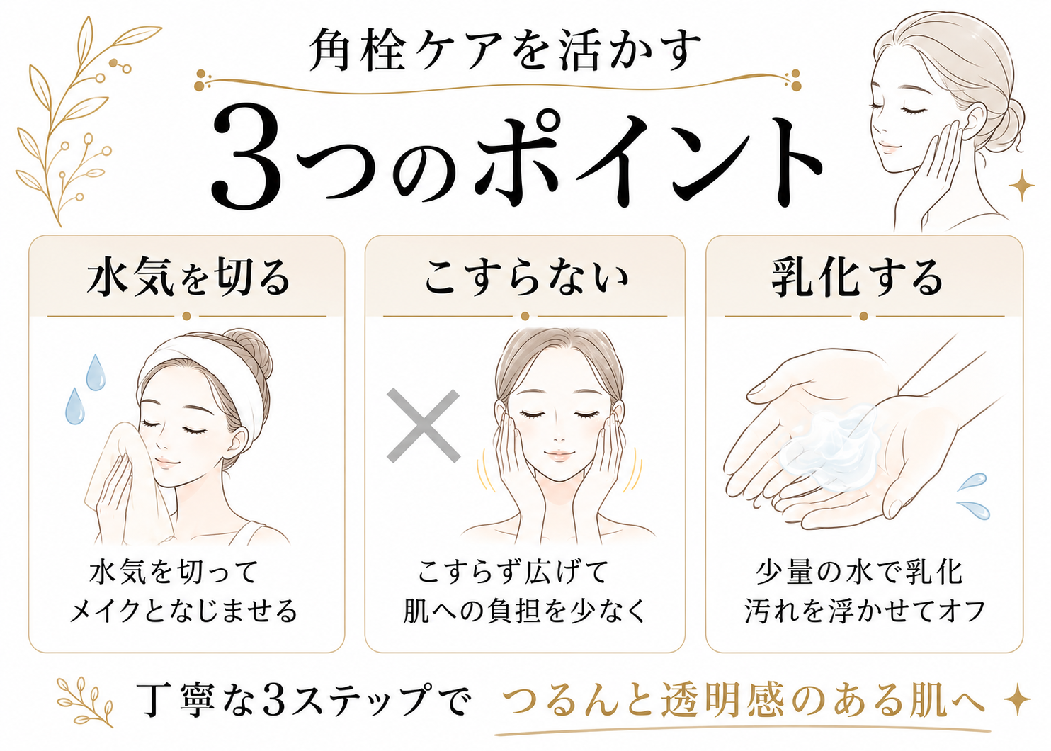 角栓ケアを活かす水気と摩擦と乳化の3ポイント図