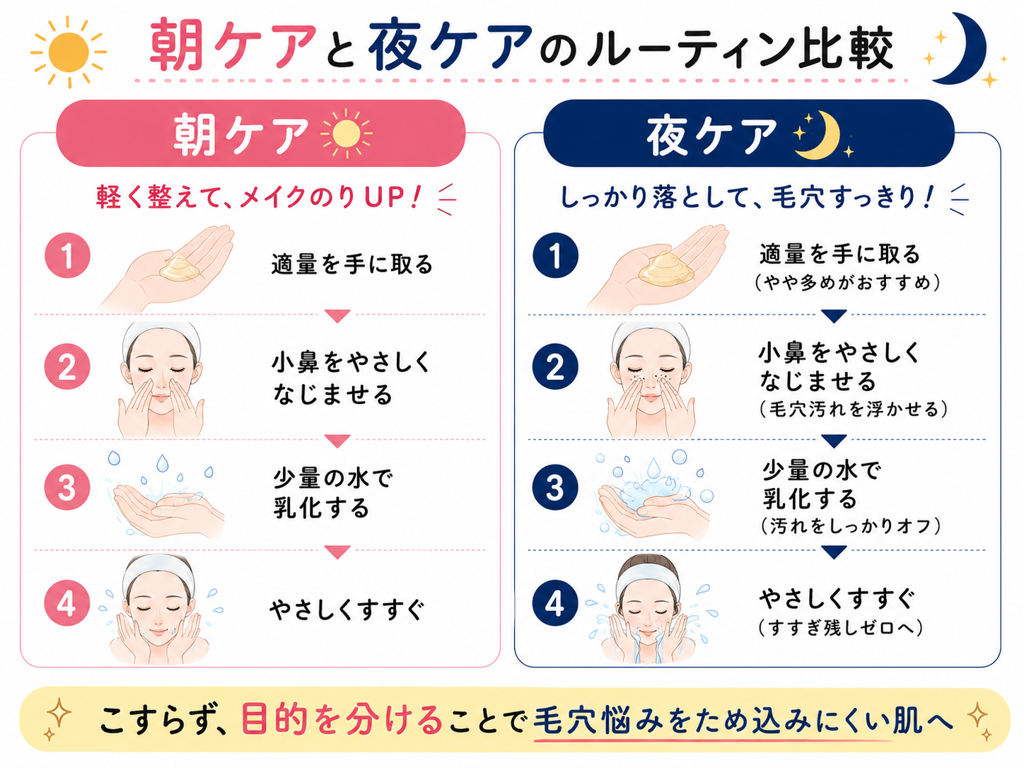 朝ケアと夜ケアのルーティンを比較した図