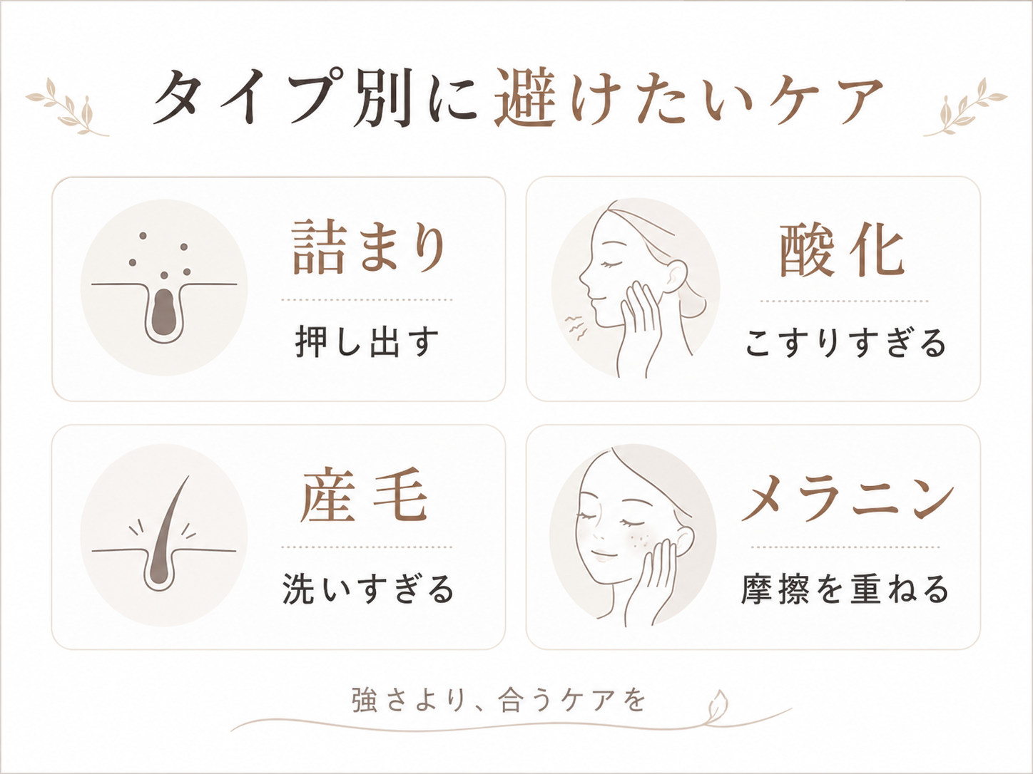 詰まり酸化産毛メラニンタイプ別に避けたい毛穴ケアを整理したカード画像