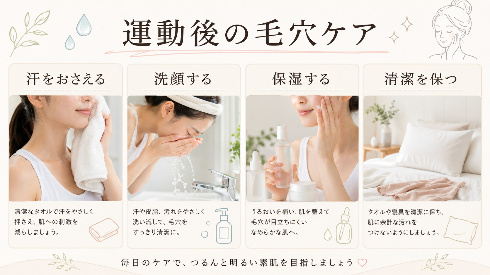 運動後の毛穴ケア4ステップを示す生活習慣画像