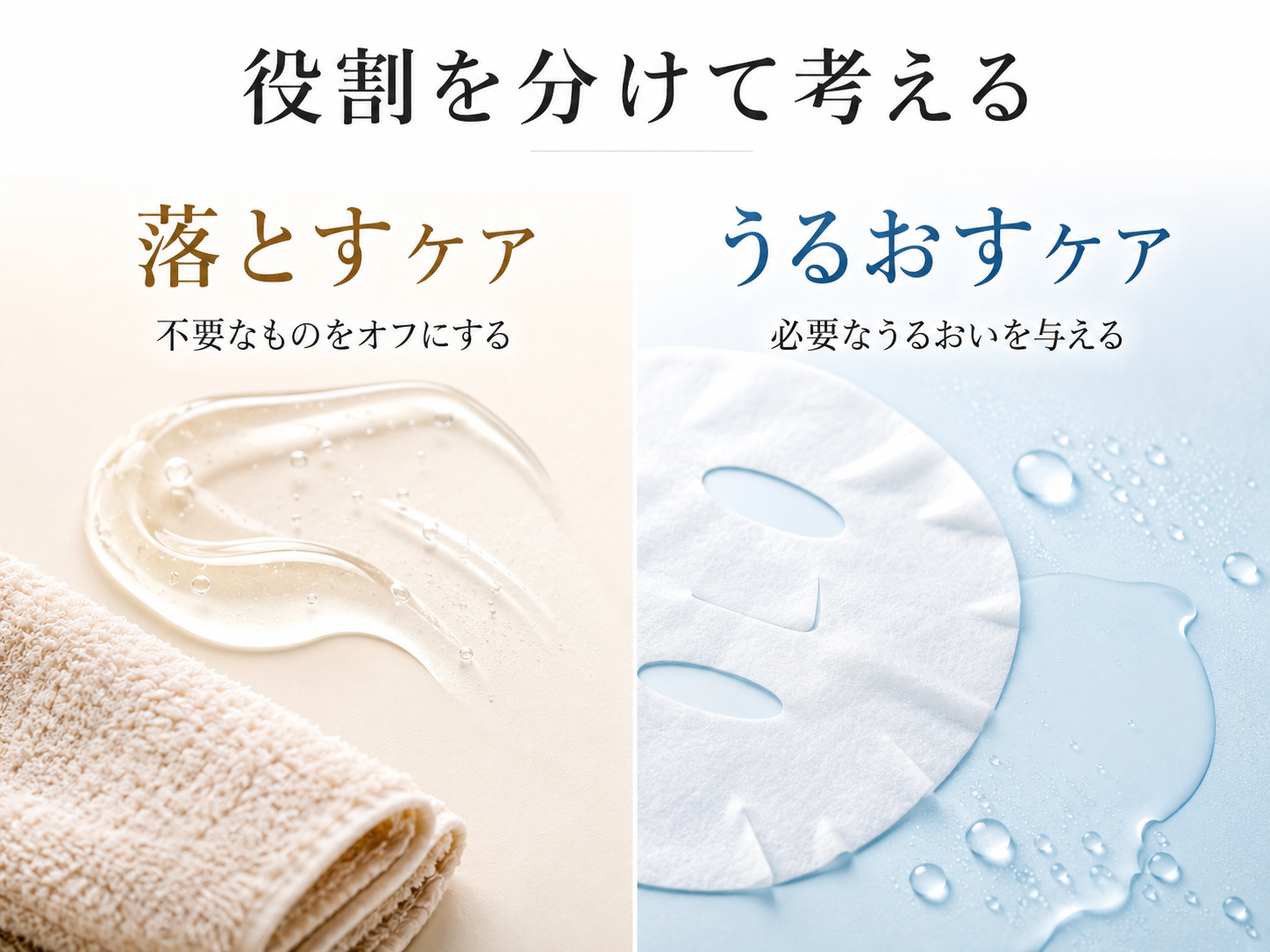 落とすケアとうるおすケアの役割を分けて説明する図解