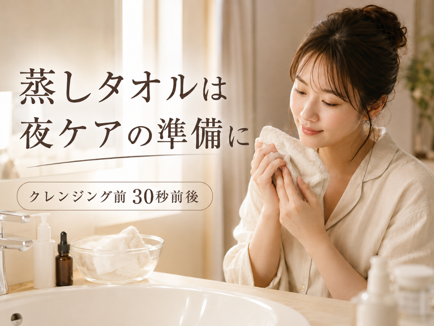 いちご鼻ケアと蒸しタオルを使った夜の準備ケアのイメージ