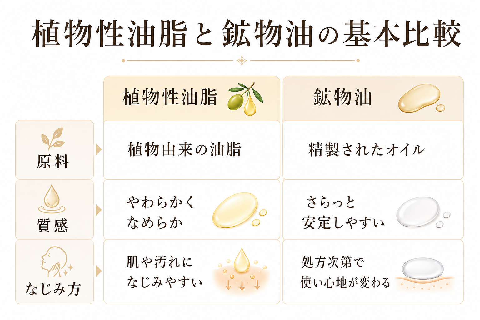植物性油脂と鉱物油の違いをやさしく整理する比較図