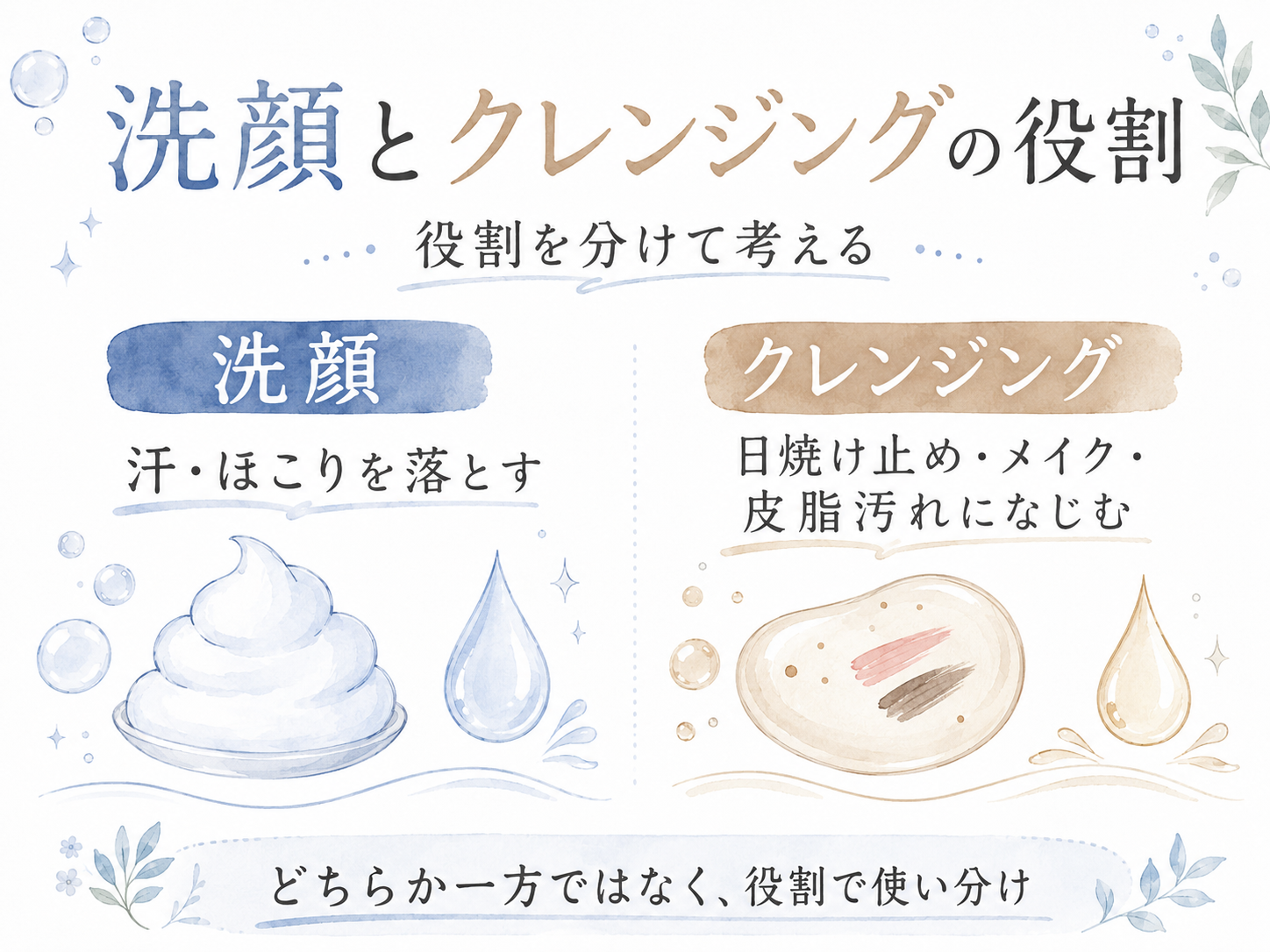 洗顔とクレンジングの役割の違いを示す図解