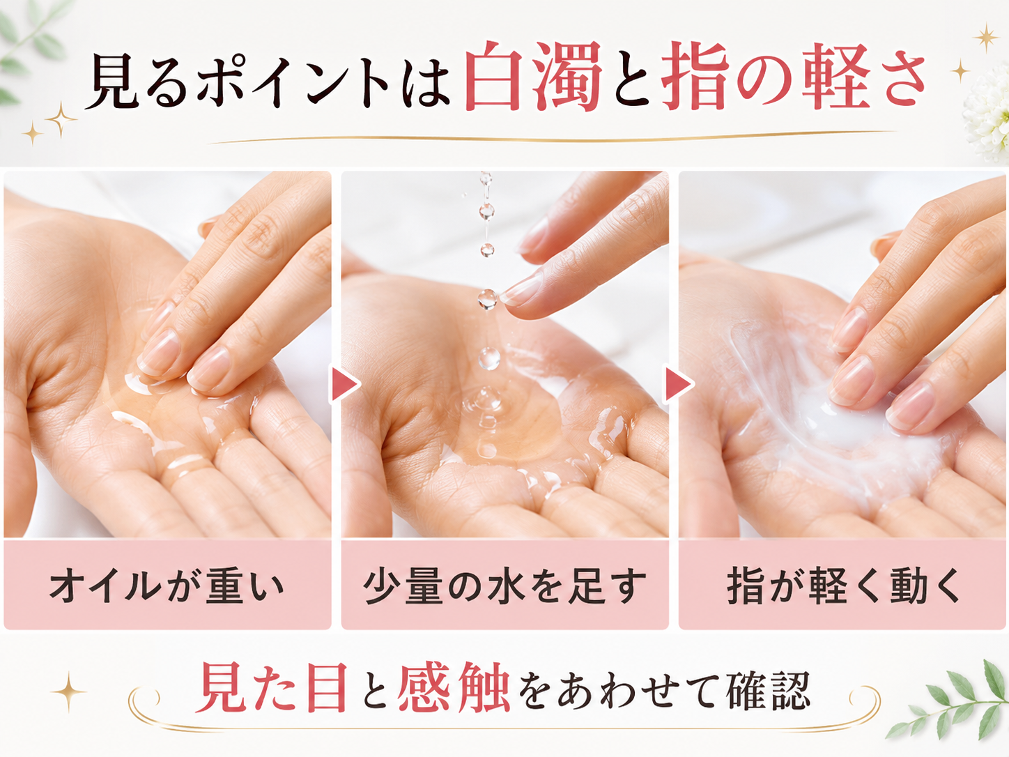 乳化による白濁変化と指先の軽さを説明する手元イメージ