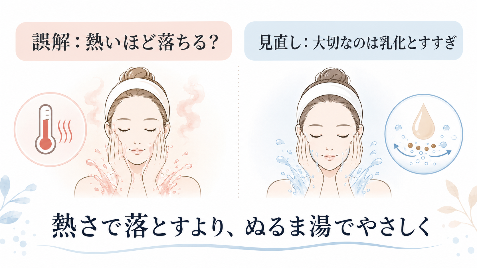 熱いお湯ほどクレンジングが落ちるという誤解を説明する図