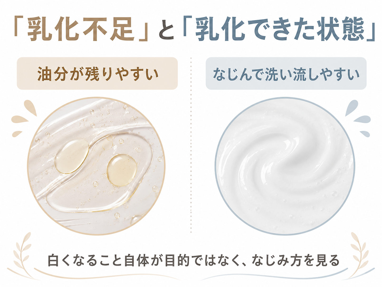 乳化不足の状態と乳化できた状態を比較する図
