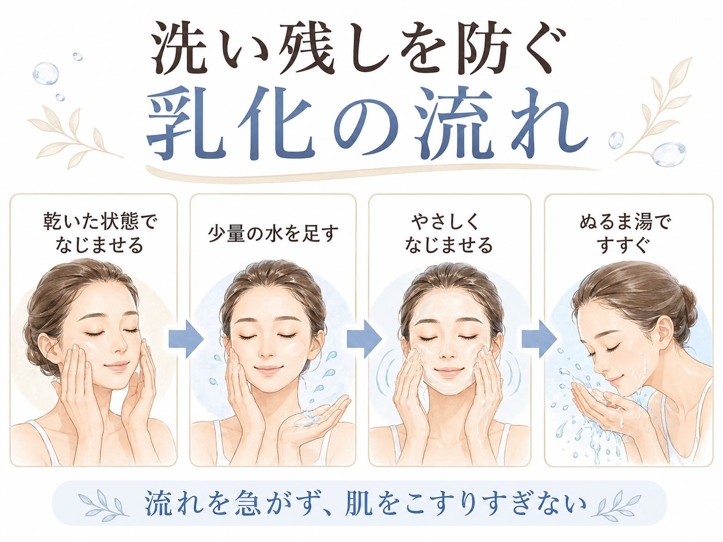 洗い残しを防ぐためのクレンジング乳化4ステップ図