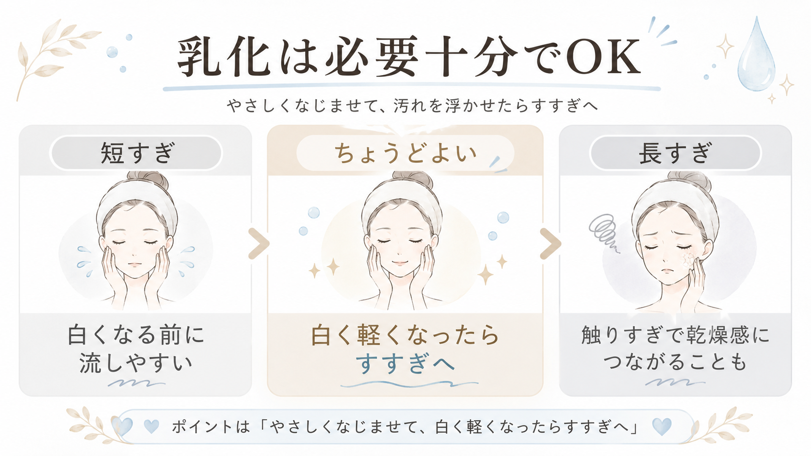 クレンジング乳化は長時間ではなく必要十分でよいことを示す時間軸図