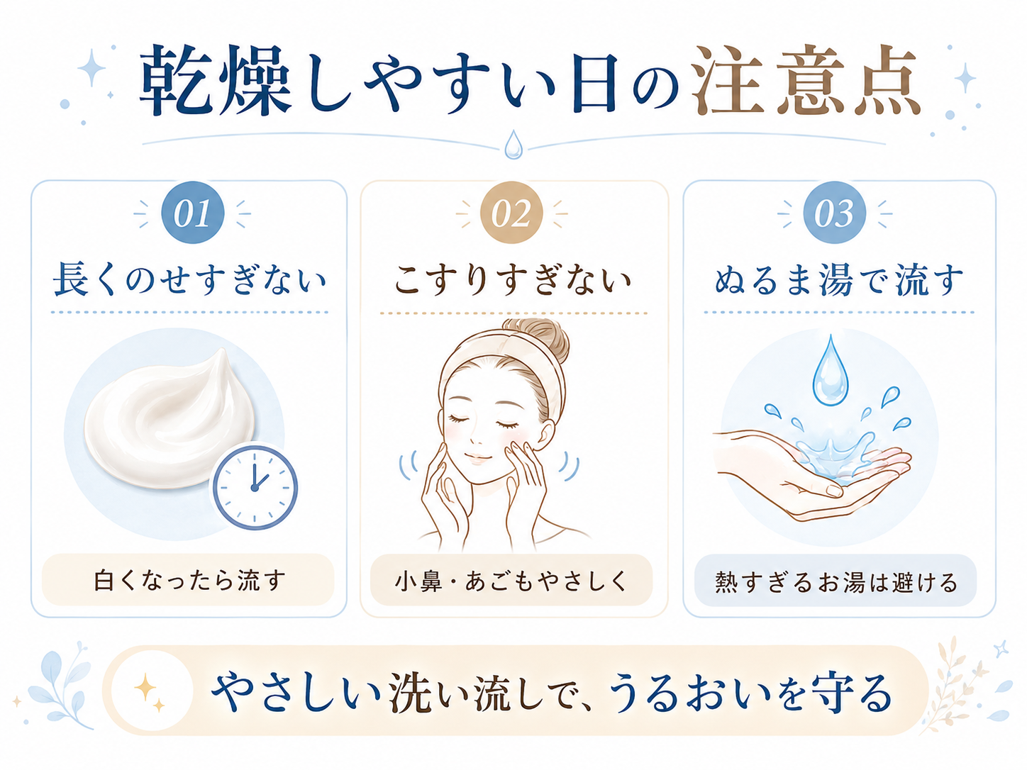 クレンジング乳化の乾燥注意点として長時間摩擦熱いお湯を整理した図