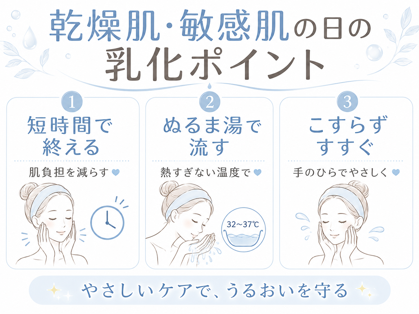 乾燥肌や敏感肌の日のクレンジング乳化の注意ポイント図