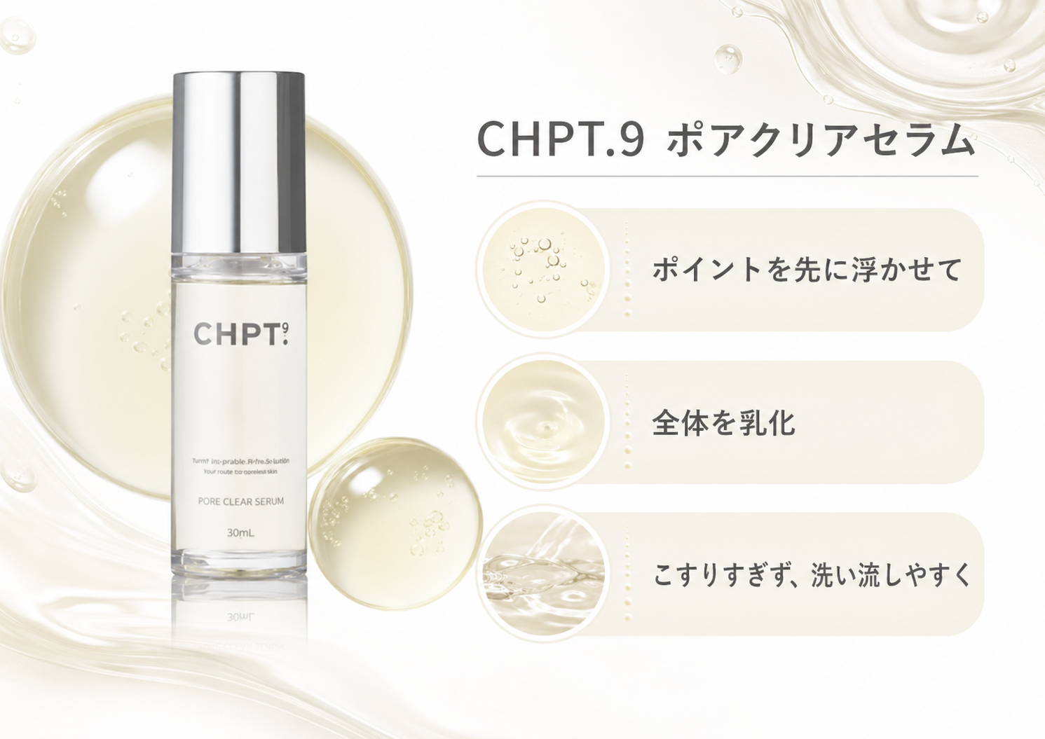 CHPT.9 ポアクリアセラムでポイントメイクを浮かせて全体を乳化する流れを説明する図