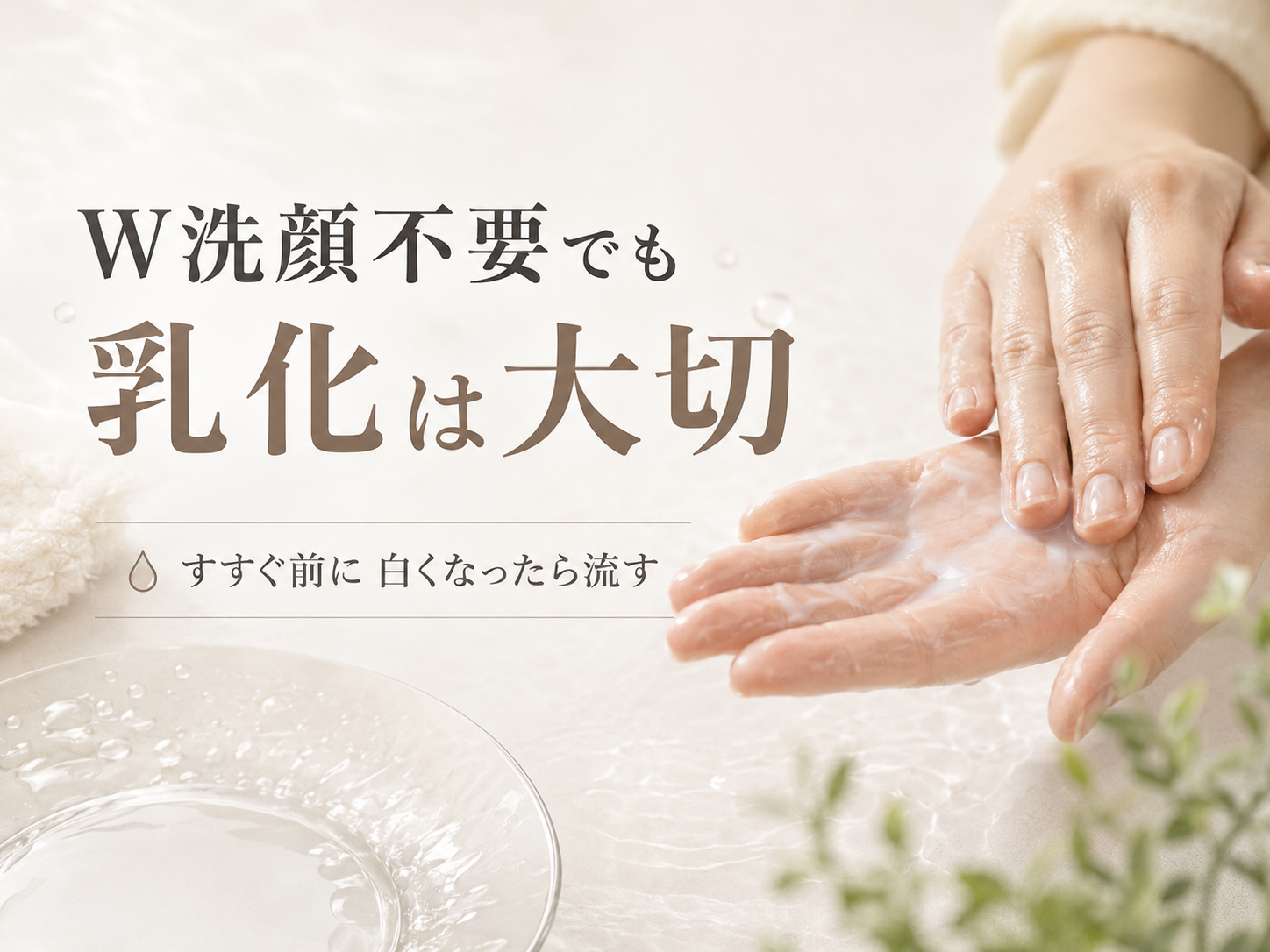 ダブル洗顔不要と乳化の重要性を時短ケアの文脈で説明するファーストビュー