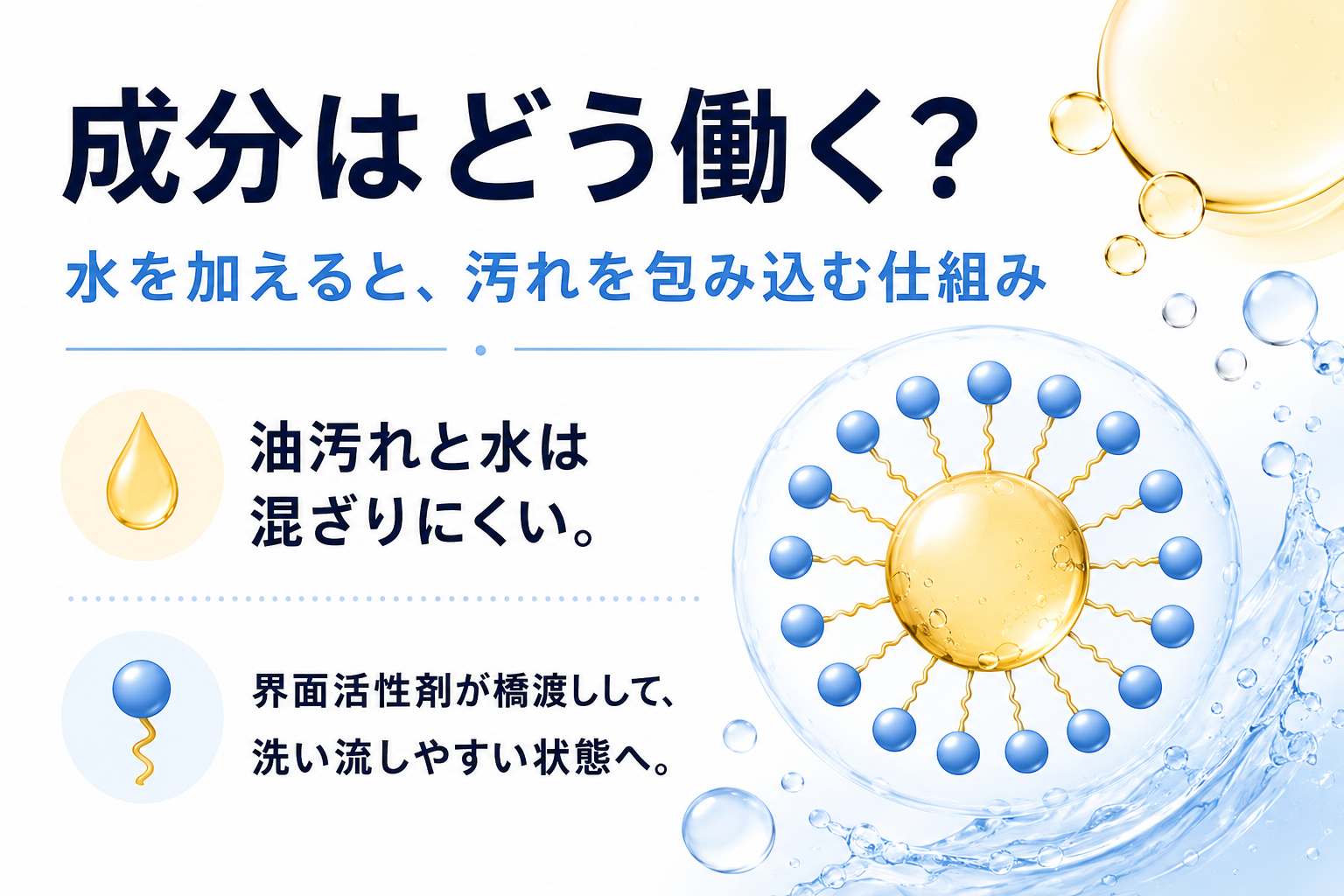 クレンジング乳化で界面活性剤とミセル化の働きを説明するファーストビュー