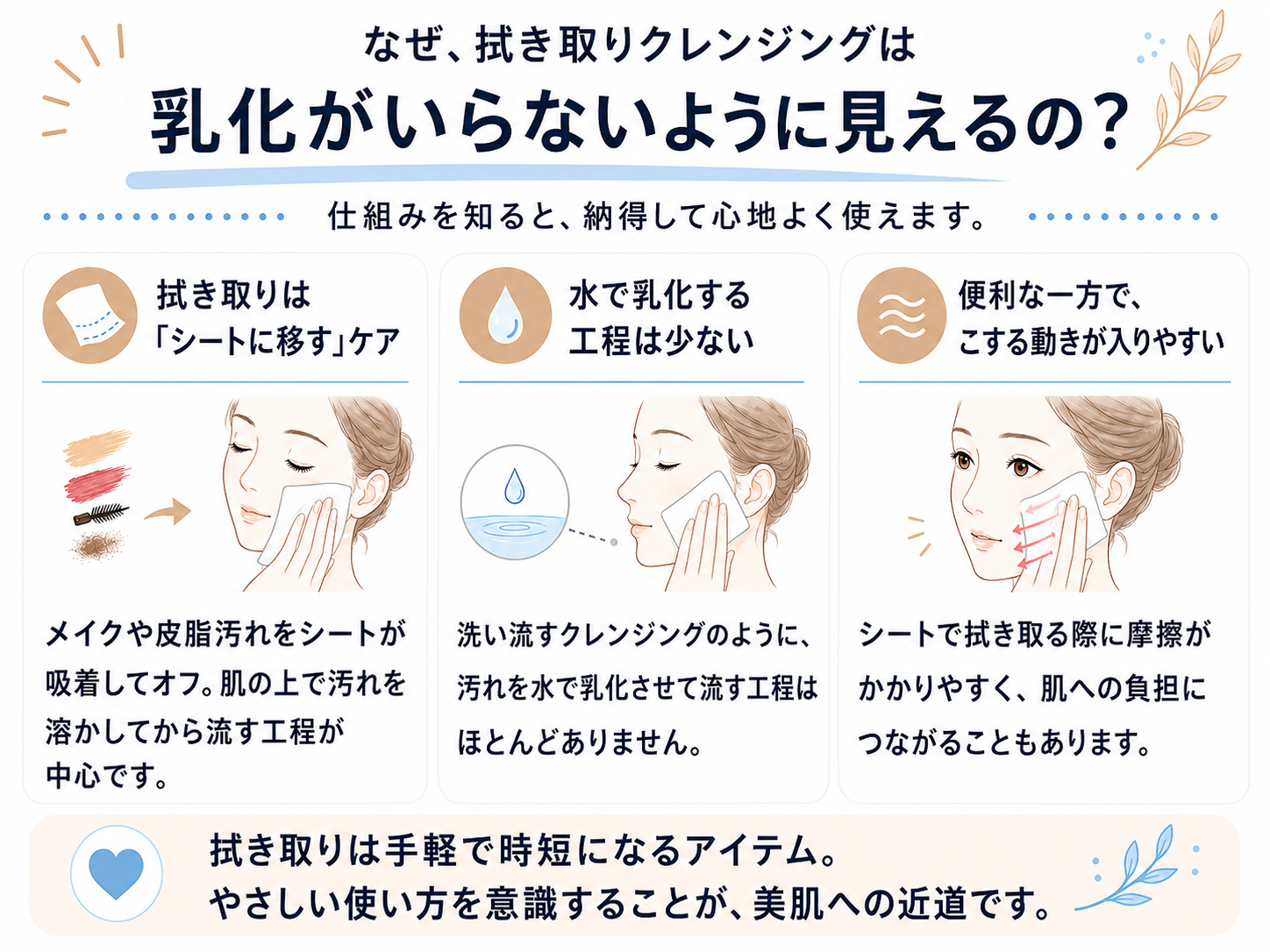 拭き取りクレンジングが乳化不要に見える理由を説明する図