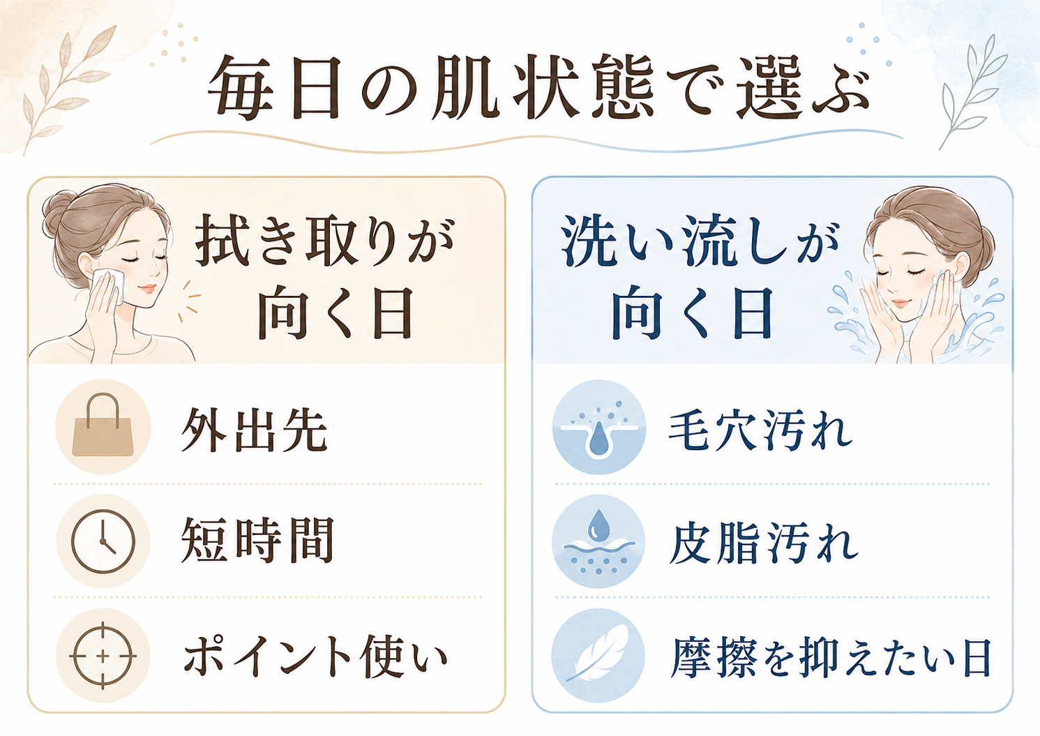 拭き取りクレンジングと洗い流しクレンジングの使い分けチェック図