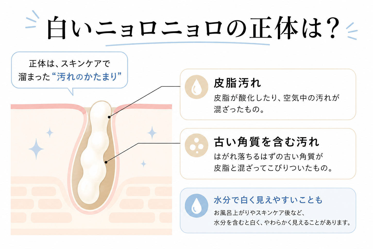 洗顔後に見える白い角栓や皮脂汚れを模式的に説明する図